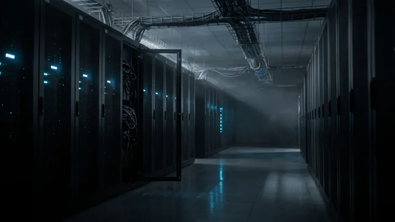 暗いデータセンターの通路とサーバーラック