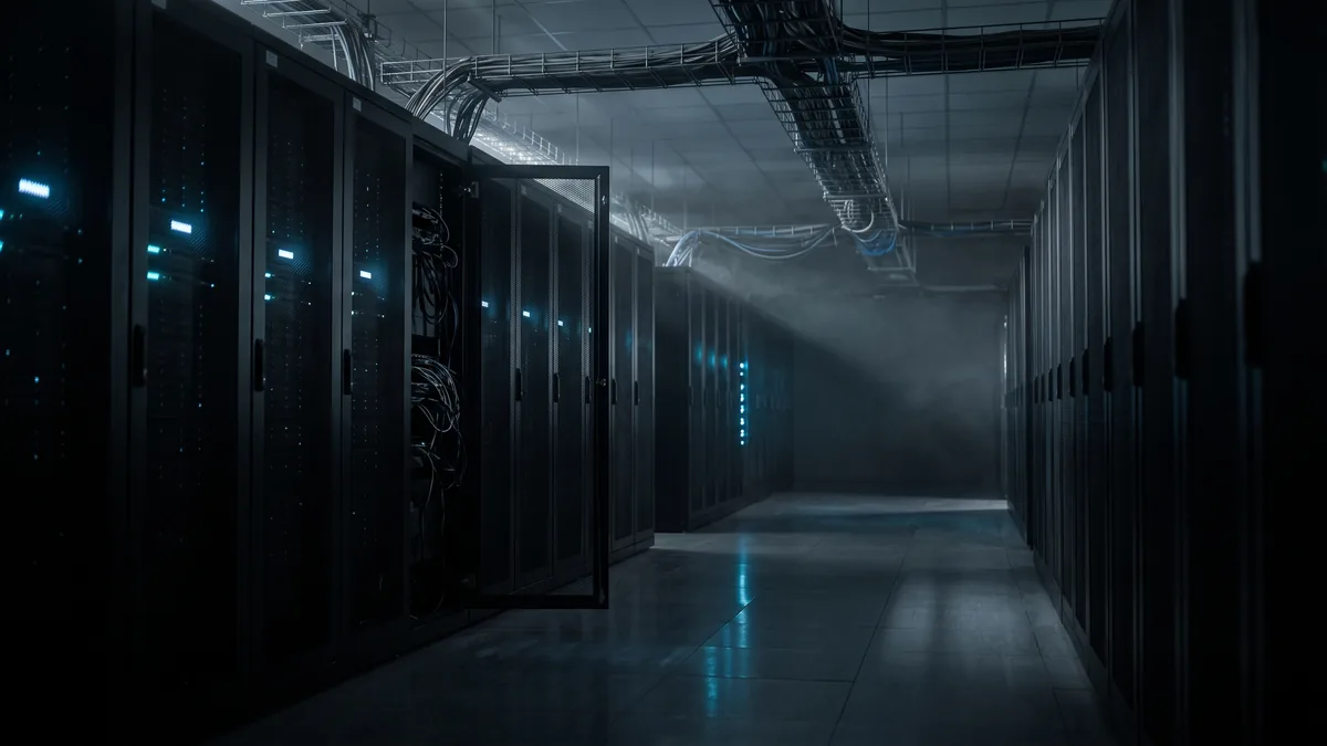 暗いデータセンターの通路とサーバーラック